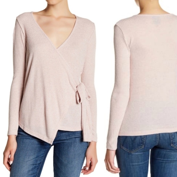 Nordstrom Tops - Balletcore Wrap Side Tie Long Sleeve Top | Bobeau Dusty Rose Pink Ribbed Sweater